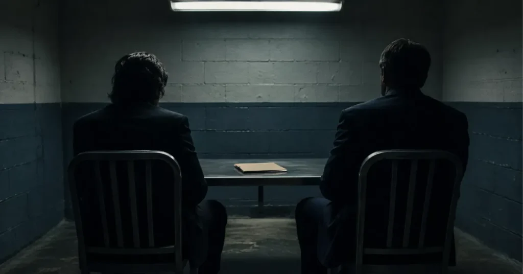 Mindhunter season 3 interrogation room scene with two agents