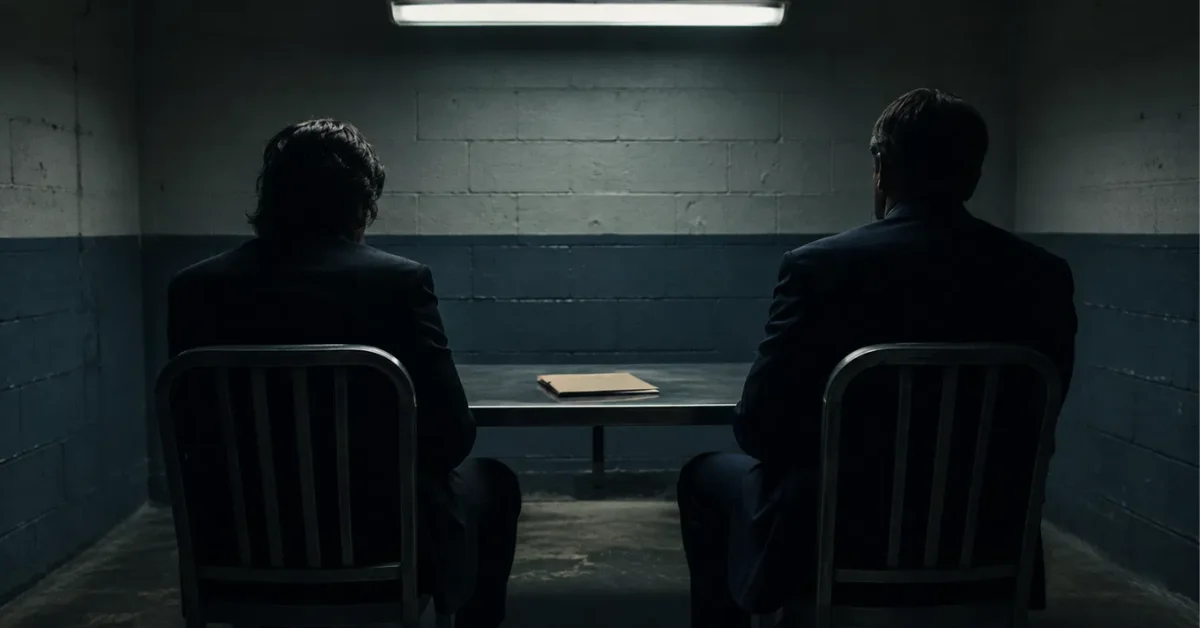 Mindhunter season 3 interrogation room scene with two agents