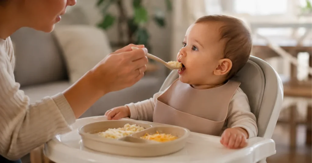 Mother spoon-feeding soft cheese to baby in highchair