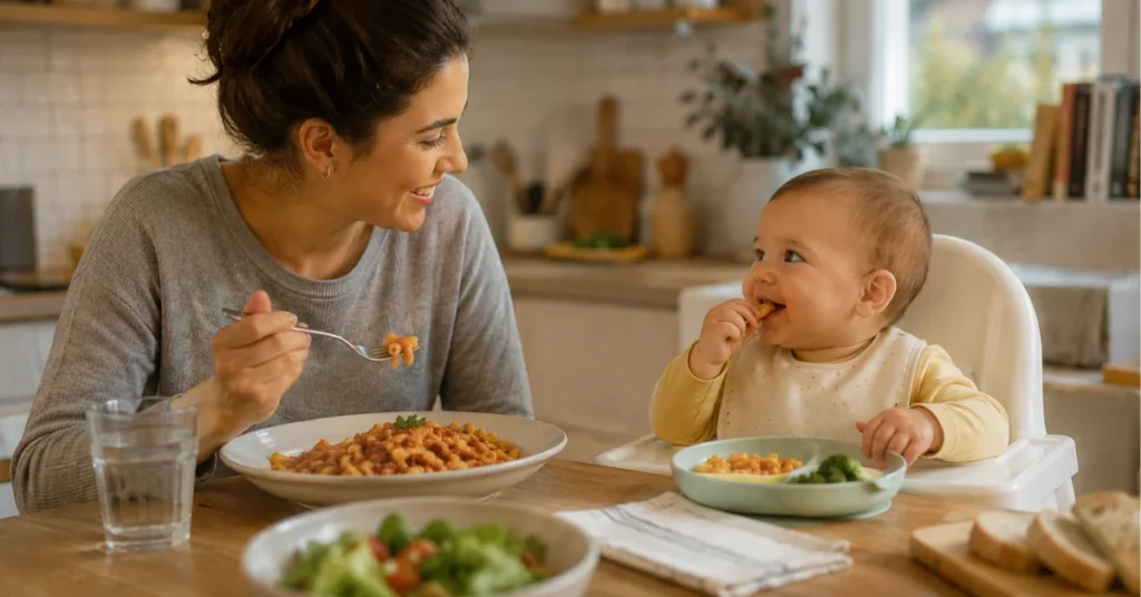 Mom and baby eating pasta together at family table