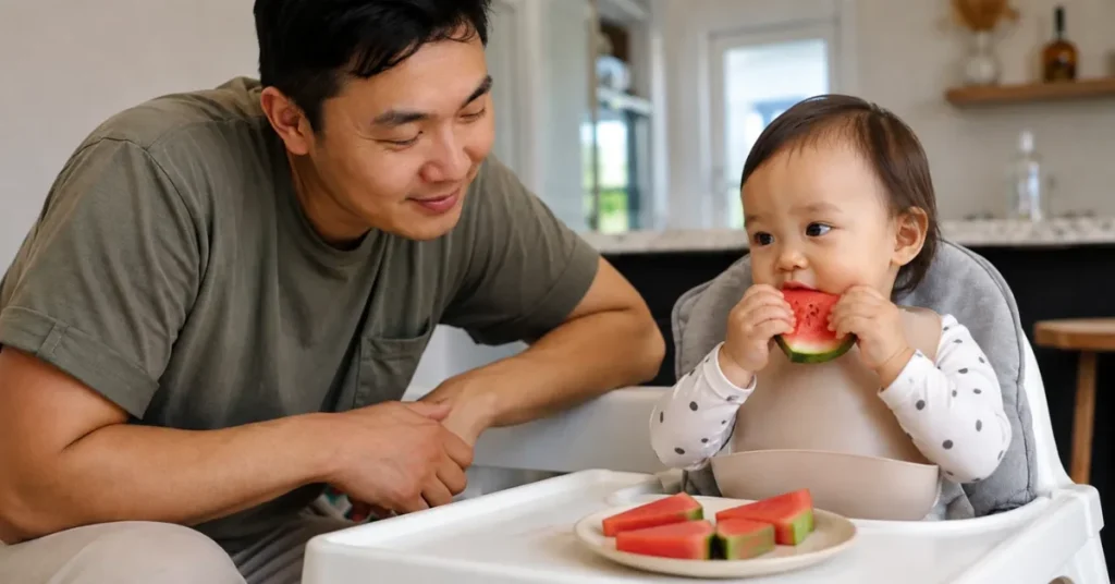 Parent supervising 9 month old baby eating watermelon safely