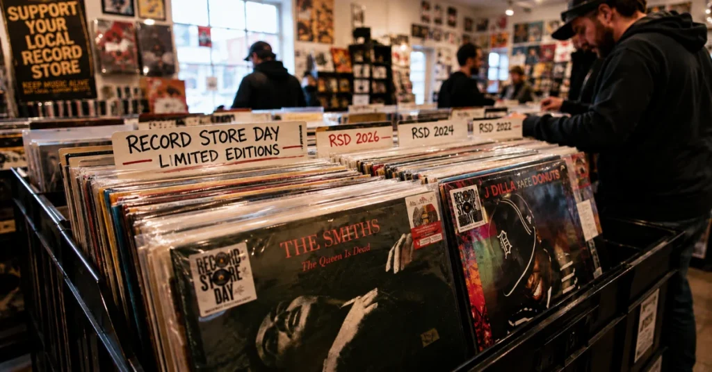 Record Store Day 2026 crates of limited edition vinyl at an independent record store