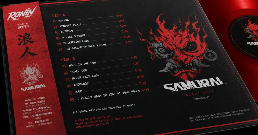 RONIN "SAMURAI – Night City" vinyl insert showing the full Side A and Side B tracklist beside the red oni mask artwork and red vinyl record