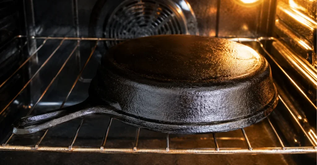 Cast iron skillet baking upside down in the oven during seasoning