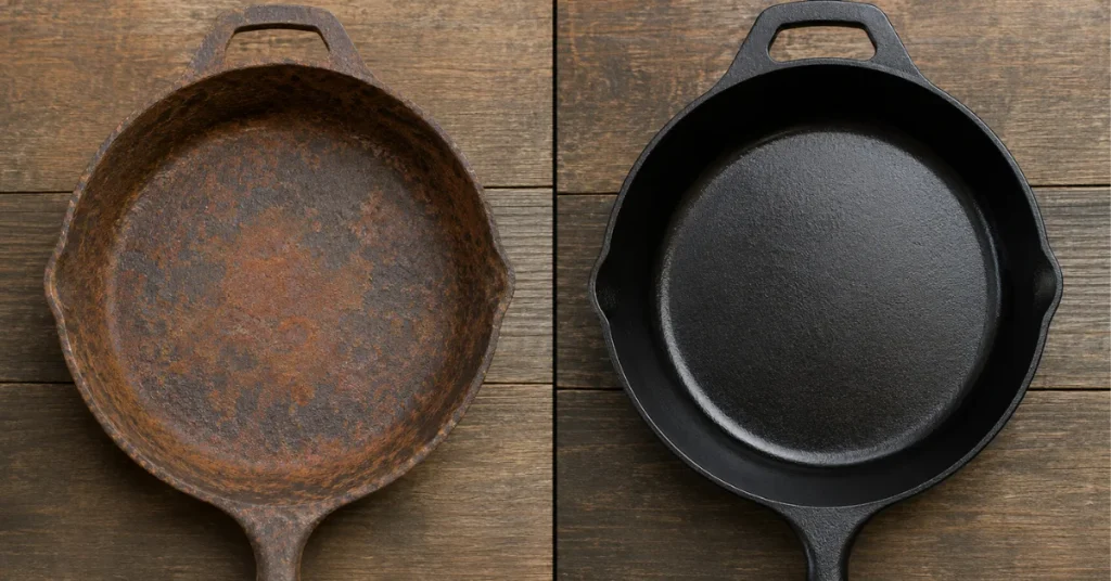 Rusty cast iron pan before and after seasoning, side by side comparison