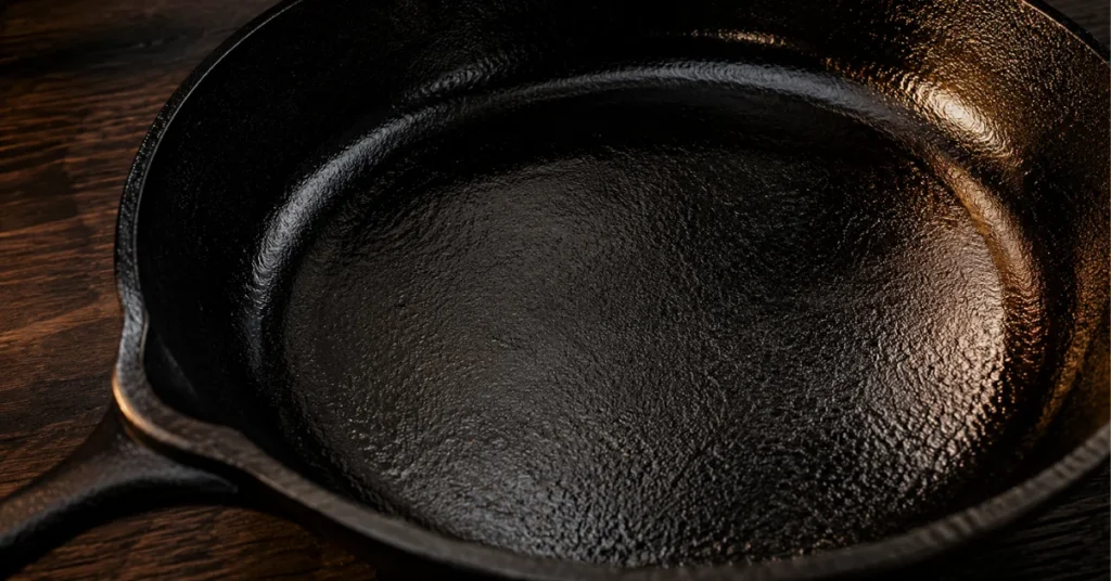 Glossy black seasoned cast iron skillet with a smooth oil sheen