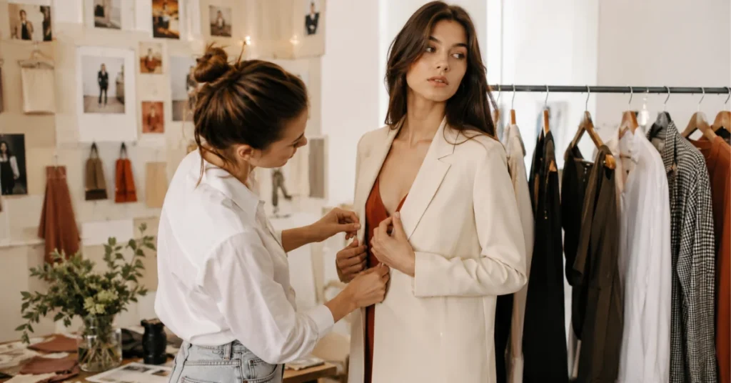 Stylist adjusting a blazer on a model during a shoot casting fitting