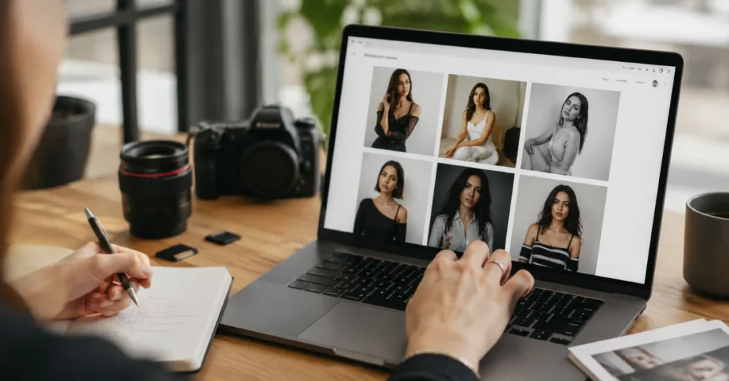 Reviewing model submissions on a laptop during online shoot casting