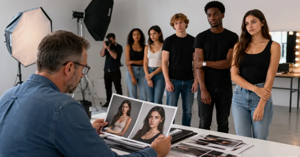 Casting director reviewing model headshots at a shoot casting call