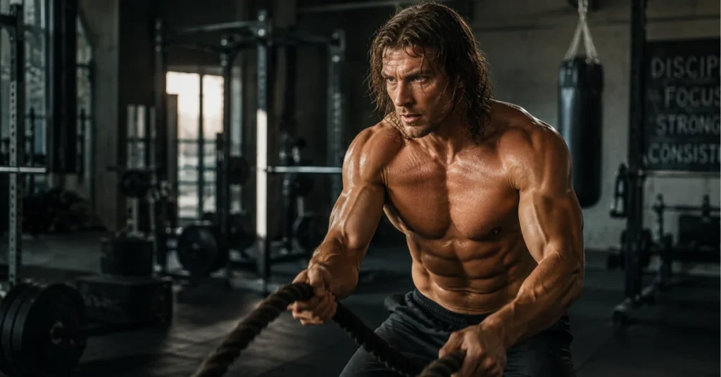 Actor battle rope training for Tarzan role transformation