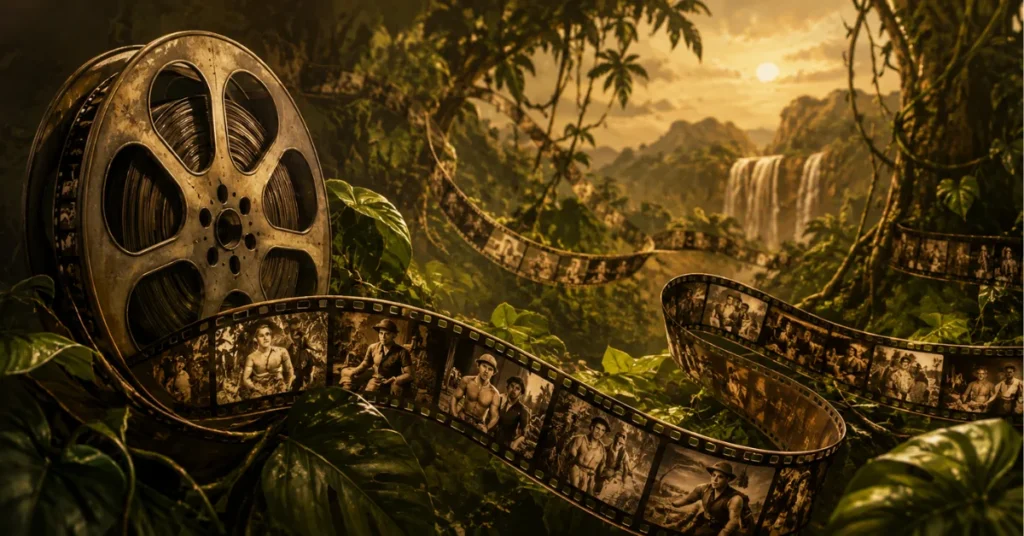 Vintage film reel unspooling through jungle, Tarzan history