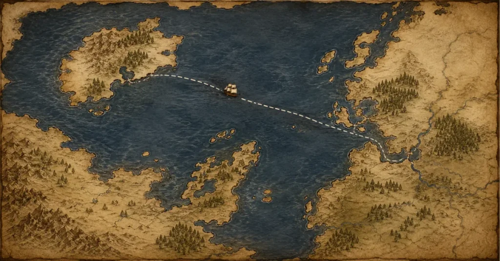 Illustrated sea route map representing Vinland Saga Season 3's Eastern Expedition Arc
