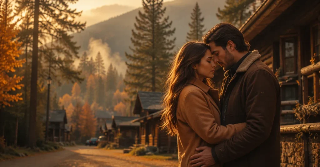 Couple embracing at sunset near small-town cabins, Virgin River season 8 theme