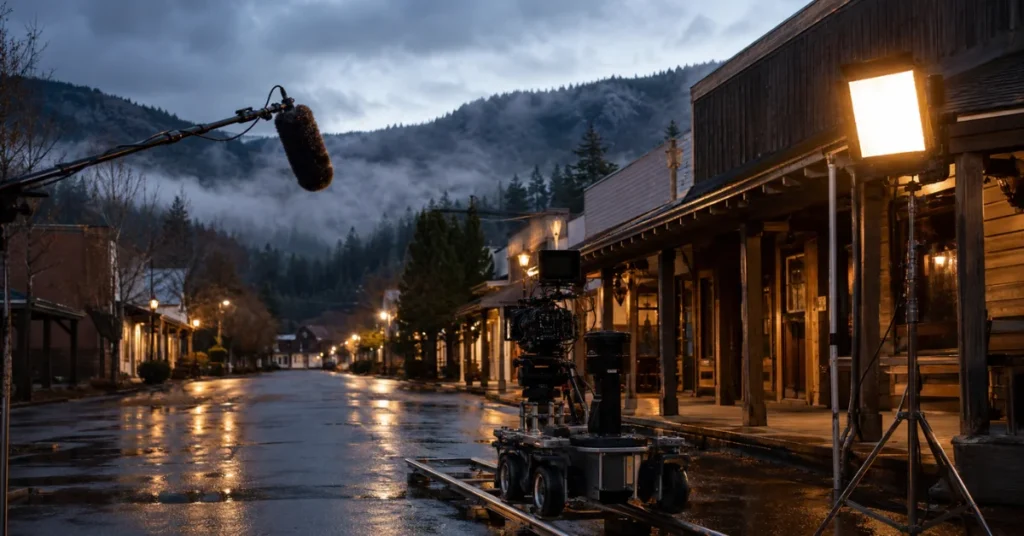 Virgin River season 8 film set at dusk in misty Vancouver mountains
