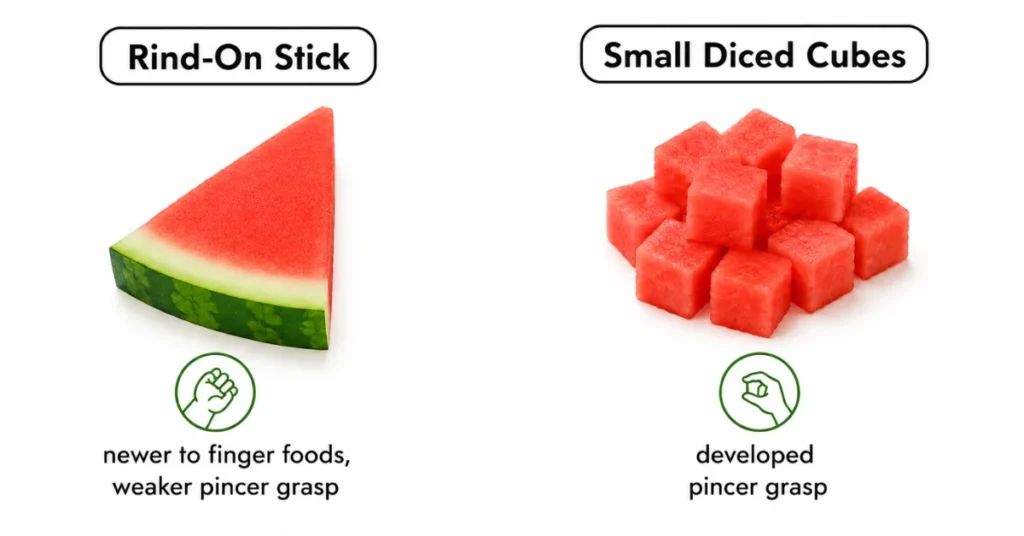 Rind-on stick vs diced cubes watermelon cutting methods for baby