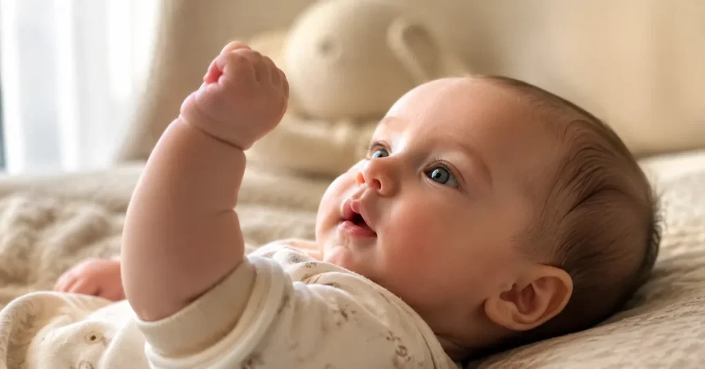 When do babies find their hands – 2-month-old staring at raised fist