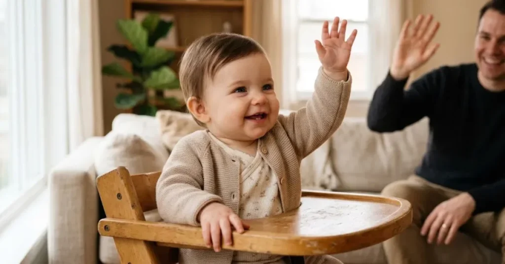 When do babies wave bye — baby waving from highchair as dad waves back
