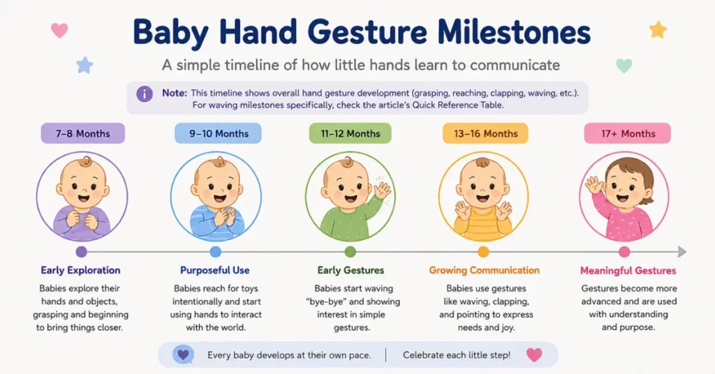 Timeline infographic showing when do babies wave bye from 7 to 17+ months