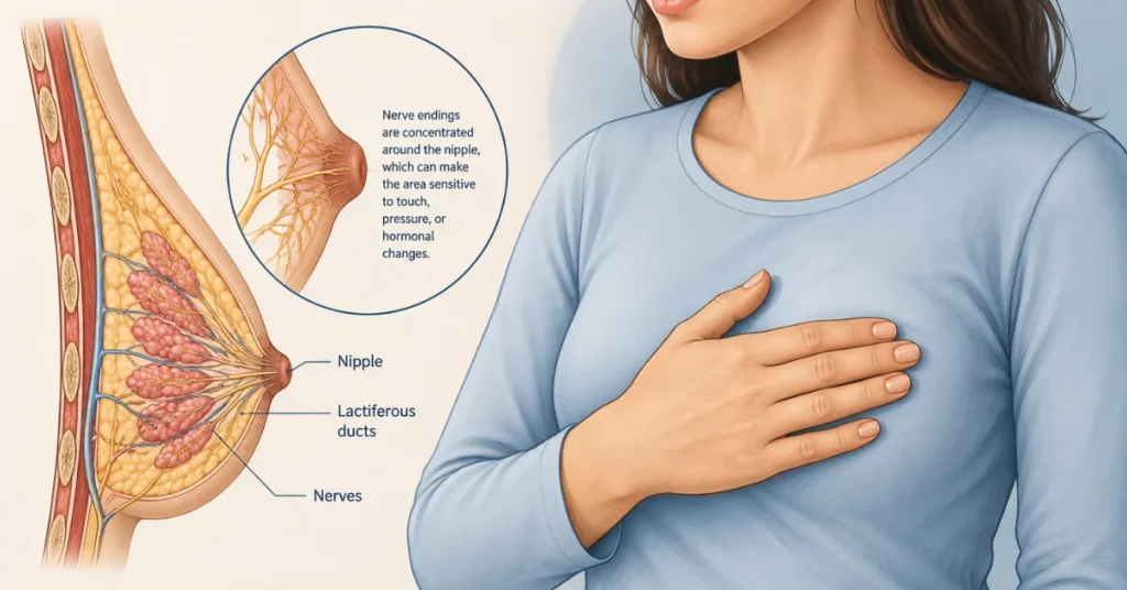 Medical diagram showing breast anatomy and nerve endings explaining why do my nipples hurt