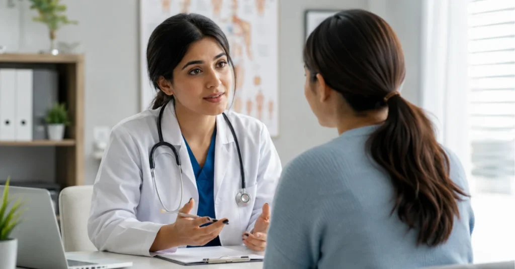 Doctor consulting with patient about nipple pain and breast health concerns