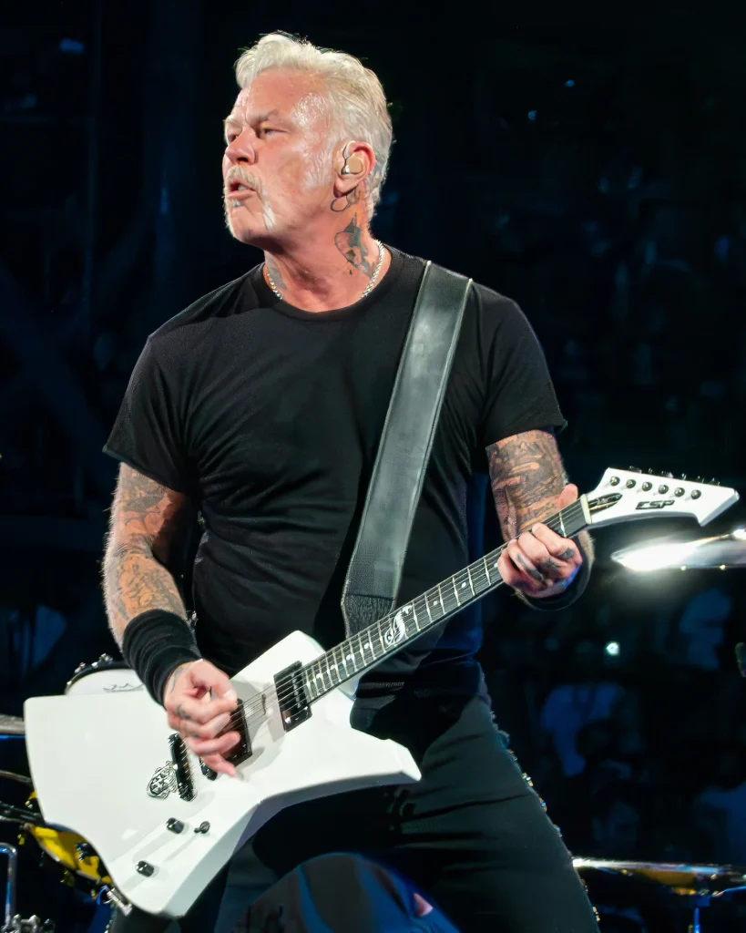 James Hetfield performing live with white ESP guitar