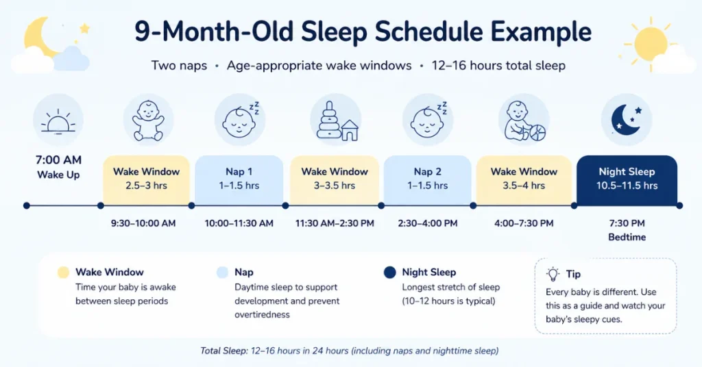 9-month-old sleep schedule chart with two naps, wake windows, and bedtime timeline