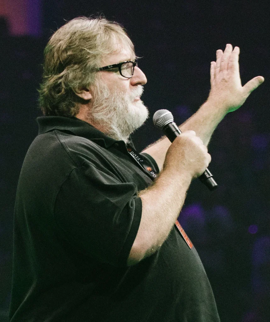 Gabe Newell speaking at gaming event, Valve co-founder and Steam creator