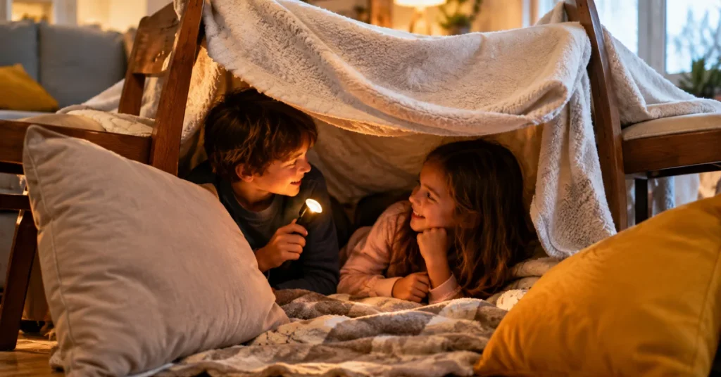 Kids reading with a flashlight inside a blanket fort, a boredom jar idea