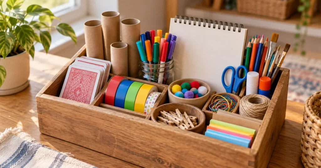 Boredom kit for 12 year-olds with cards, tape, and craft supplies at home