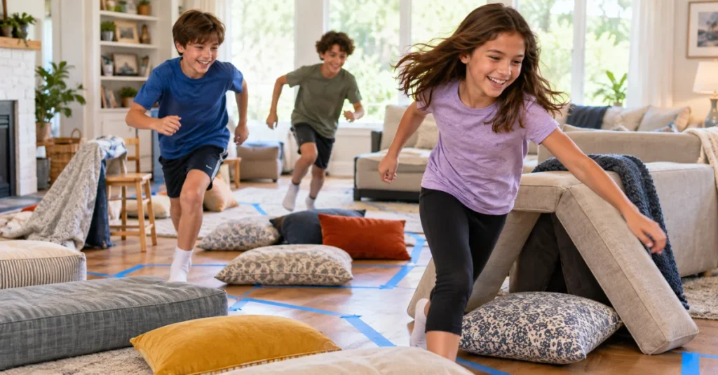 12-year-olds playing an indoor couch cushion obstacle course at home