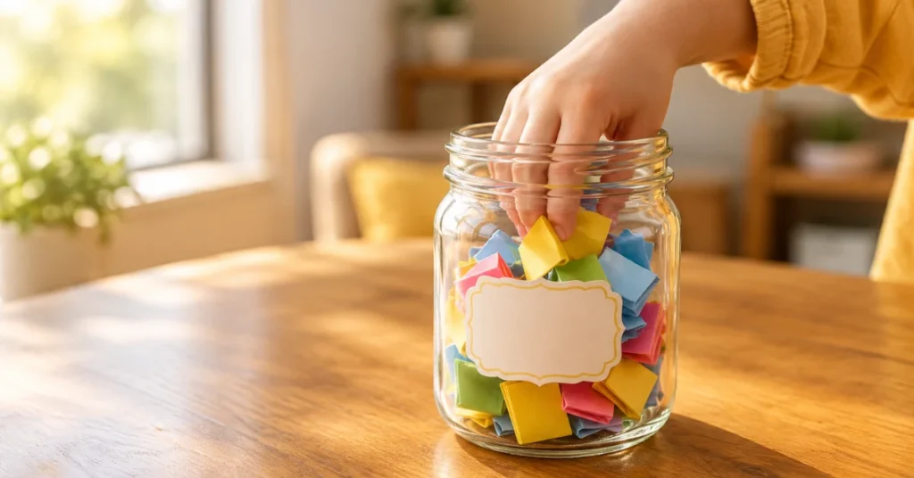 Boredom jar ideas by age — child pulling a colorful activity slip from jar
