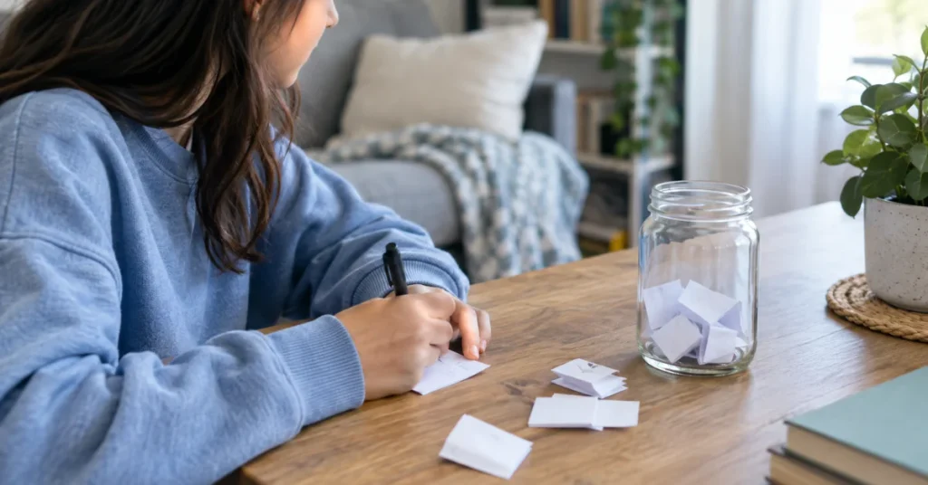 Boredom jar ideas by age — teen writing and folding activity slips for the jar
