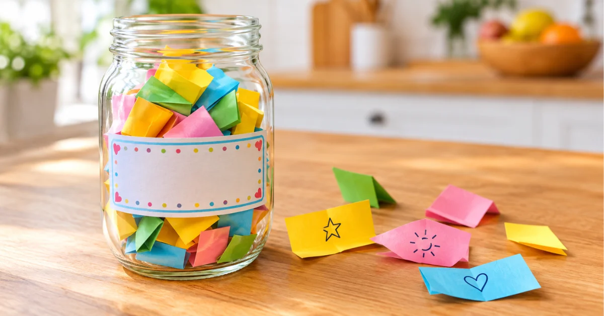 Boredom jar printable with colorful folded activity slips in a glass jar