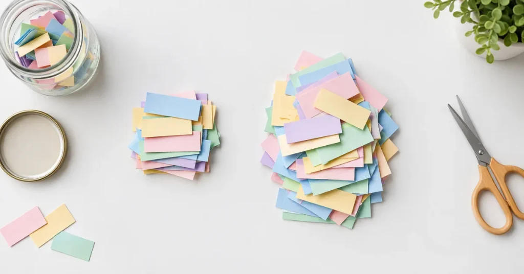 Sorting boredom jar printable activity slips into piles before cutting