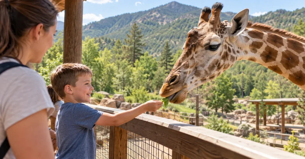 Boy hand-feeding giraffe at Cheyenne Mountain Zoo with mom