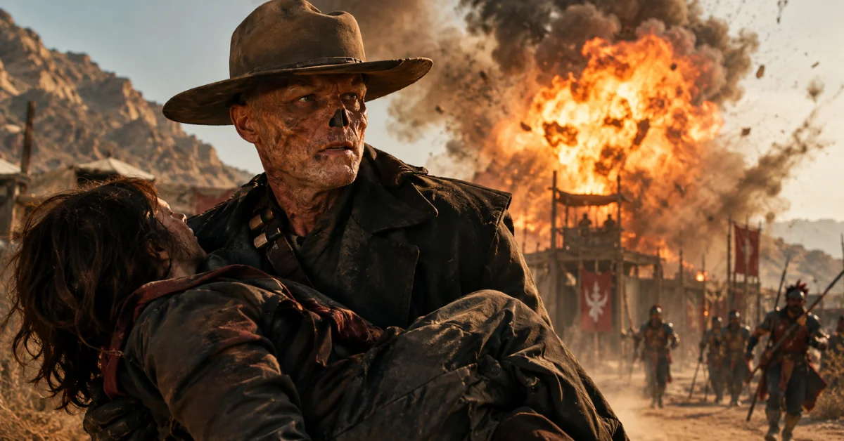 The Ghoul carries Lucy from the burning Legion camp in Fallout season 2 episode 3