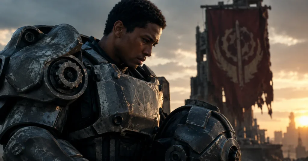 Maximus in Brotherhood of Steel power armor facing a moral dilemma in Fallout season 2
