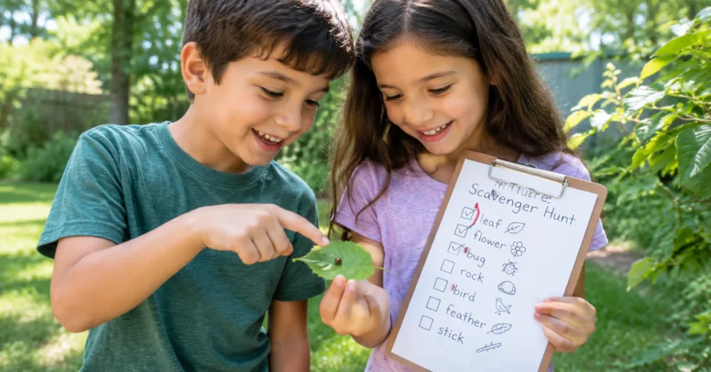 Kids on a free scavenger hunt during a family no spend challenge with kids