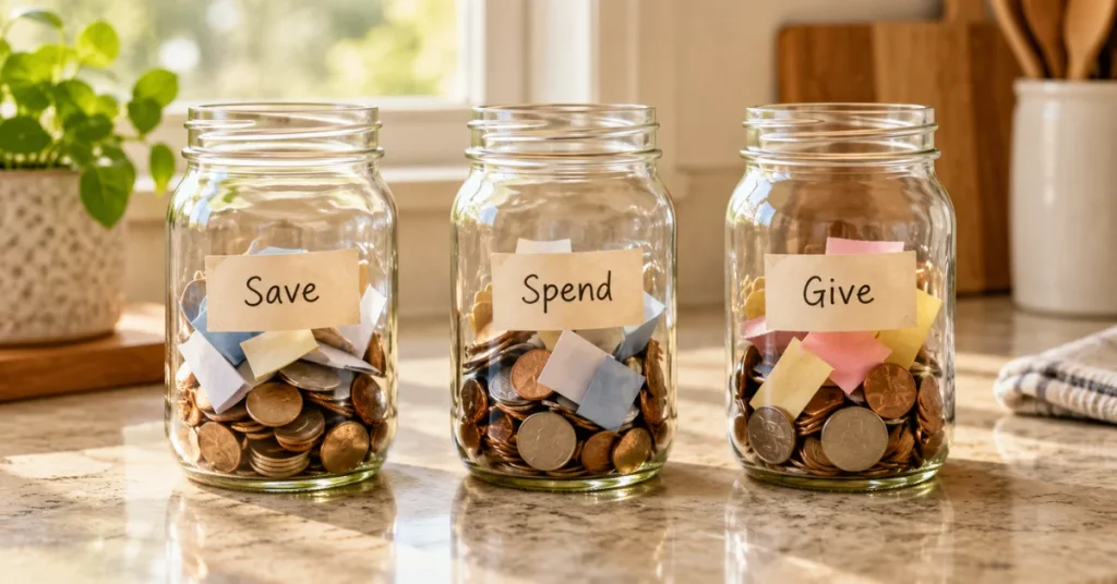 Save, Spend, Give jars for a family no spend challenge with kids