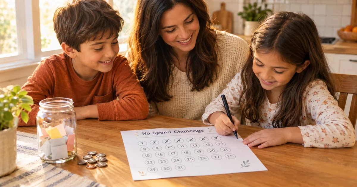 Mom and kids marking a family no spend challenge with kids calendar tracker