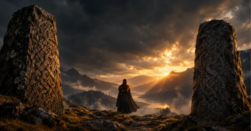 Female Viking names — woman standing between carved Norse runestones at sunset