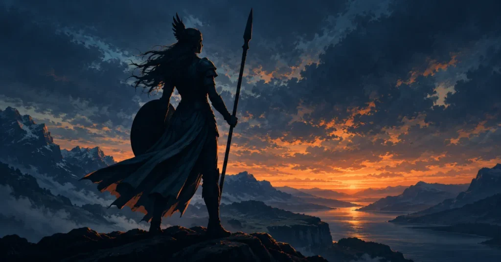 Valkyrie silhouette with spear and shield, tied to female Viking names like Brynhildr