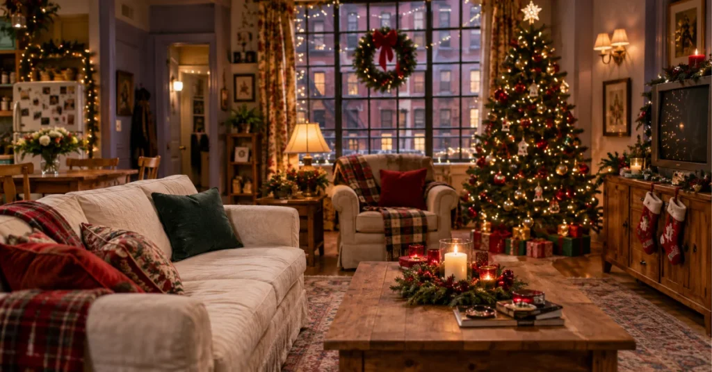 Cozy NYC apartment decorated for Friends Christmas episodes marathon