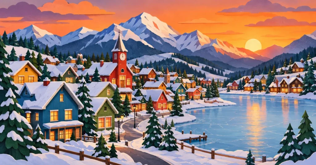 Snowy mountain town illustration for funniest South Park episodes guide