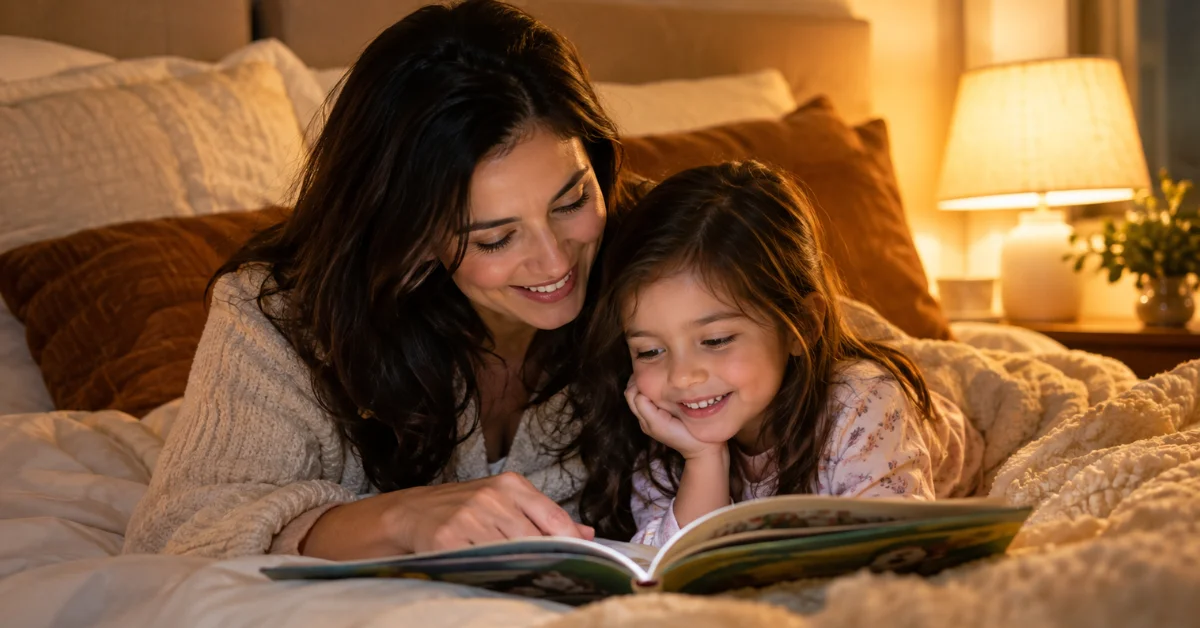 Mother spending one on one time with each child, reading a bedtime story with her daughter
