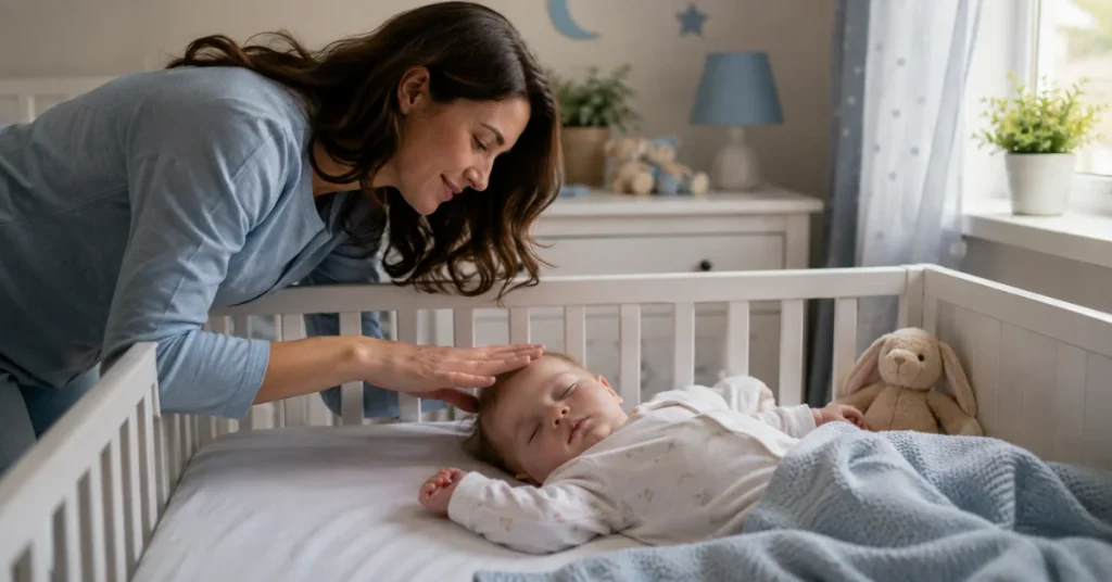 Parent checking on a sleeping 9-month-old baby in a nursery crib during a daytime nap