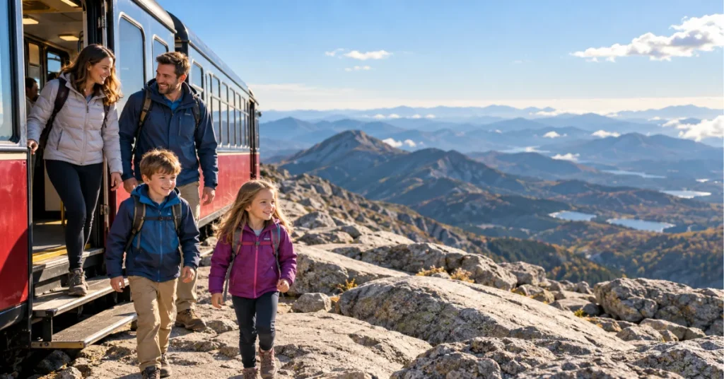 Family exiting Pikes Peak Cog Railway train at summit