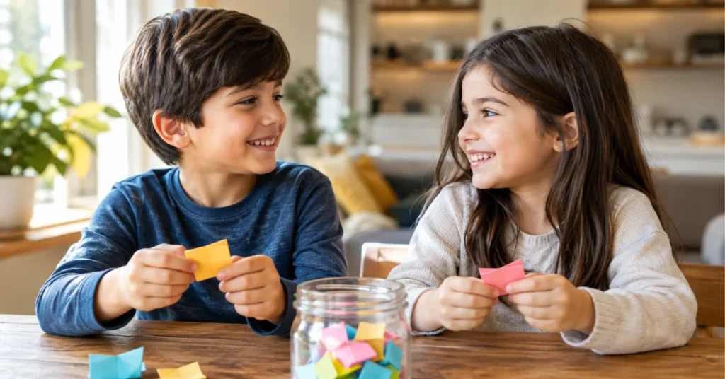 Siblings each holding a paper slip from their boredom jar