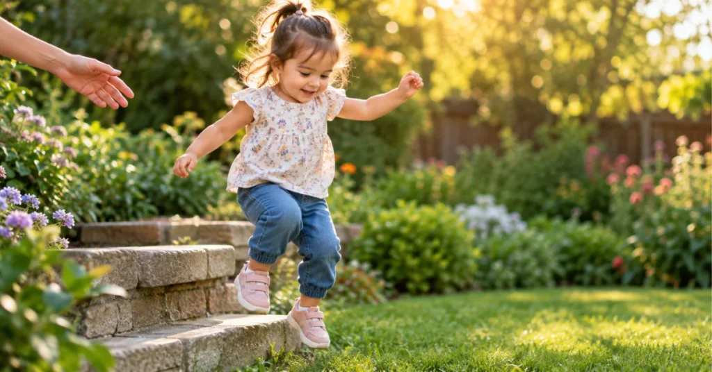 Toddler jumping off a garden step with both feet, parent's hand nearby for support