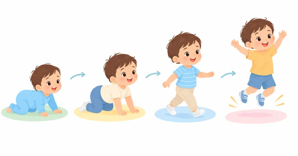 Illustrated timeline of toddler milestones from crawling to walking to jumping